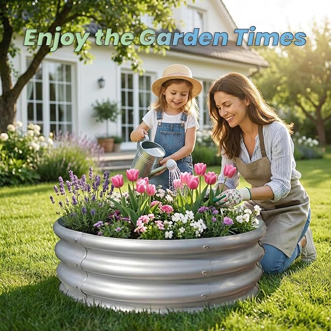 2x2x1 FT Round Galvanized Raised Garden Bed Kit OutdoorGarden Bed for Vegetables Fruits Flowers(Silver2PCS)