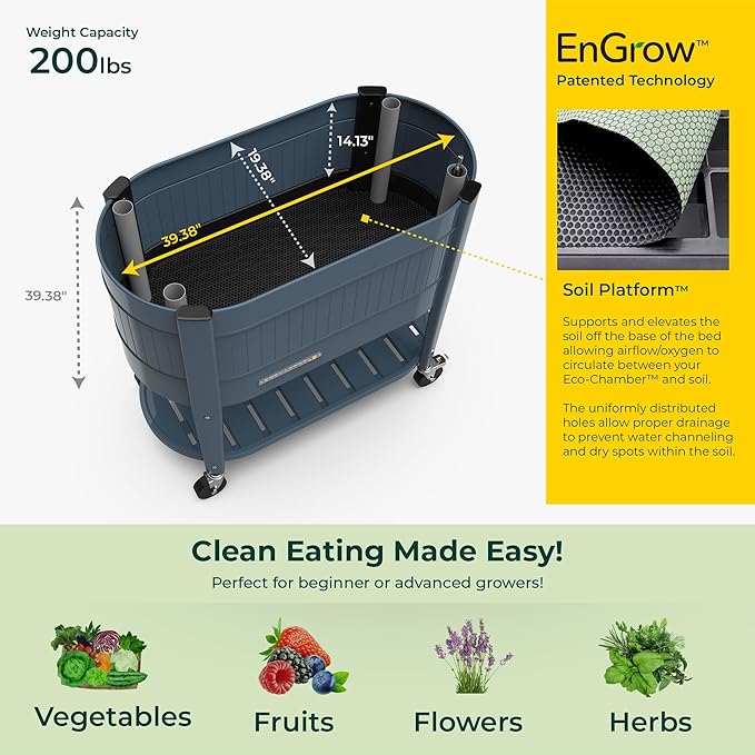 Permasteel Raised Garden Bed with Legs Planter Box with EnGrow™ TrueSoil™ Technology for Vegetables Flowers Herbs and Fruit Outdoor Indoor Storage Shelf Caster Wheels Blue