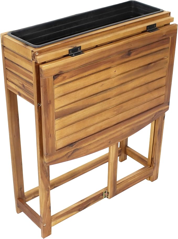 Sunnydaze Acacia Wood Raised Garden Bed with Shelf - Space-Saving Folding Tabletop with 40 lb Capacity - Natural