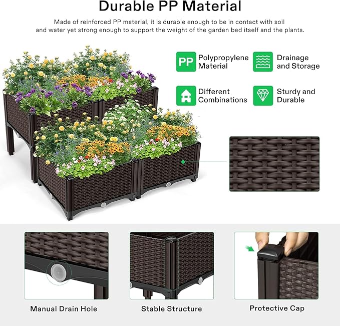 Anwick Raised Garden Bed Set of 4 Planter Raised Beds Kits with 8 Drain Holes Planter Boxes Outdoor for Climbing Vegetables Flowers LawnEasy Assembly 62.8x15.7x14.6