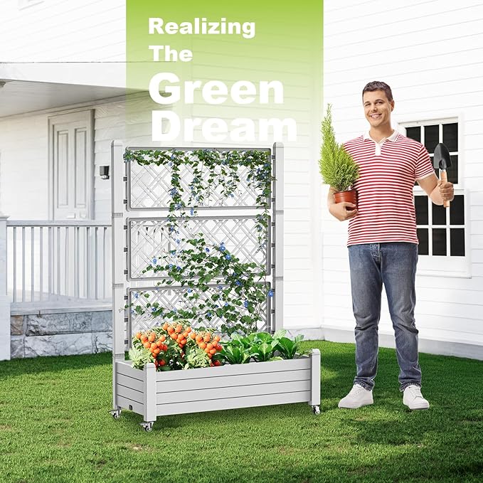 Vixzen 64 Tall Raised Garden BedOutdoor Large Resin Planter Box with Trellis and Drain Plug for Climbing PlantsEasy to AssembleWater MonitorMobility(Ashen 43.43×18.27×64.29)