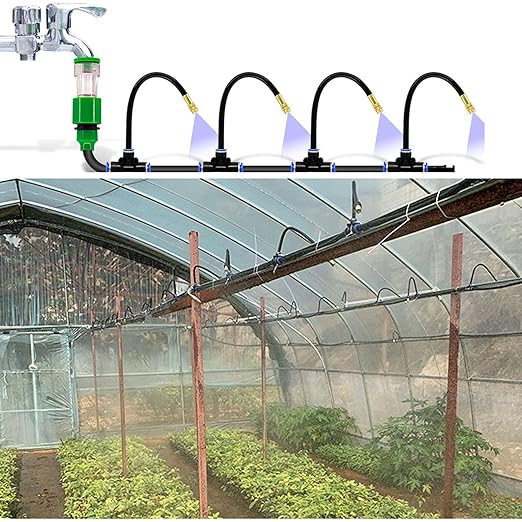 Automatic Greenhouse Drip Irrigation Kit with 20 Brass 360° Adjustable Nozzles 65FT 1/2 Tubing &amp Misting System for Outdoor Plants HydroponicsRaised Beds &amp Flower Gardens-Easy Setup &amp W