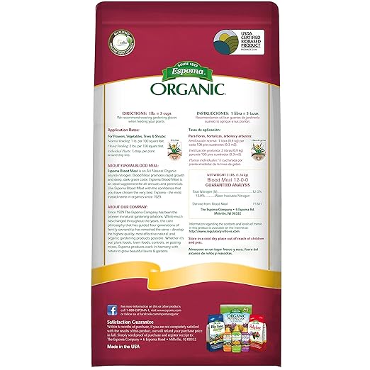 Espoma Organic Blood Meal Fertilizer 12-0-0 . All-Natural Plant Food Source of Nitrogen for Organic Gardening. For Flowers Vegetables Trees &amp Shrubs. 3 lb. Bag. 3 Pack