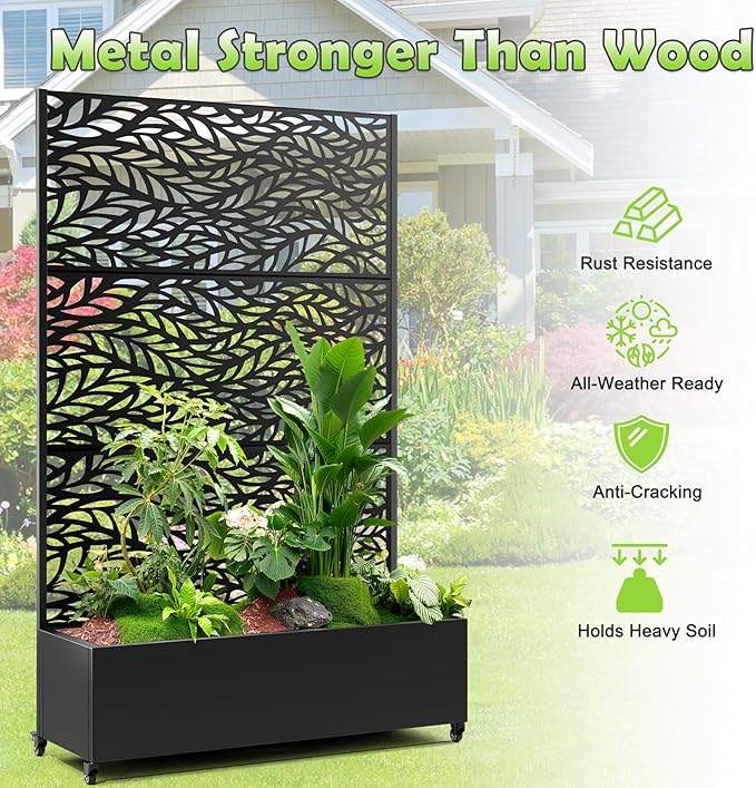 15.7×70.9×47.2 Metal Raised Garden Bed with Trellis and Wheels - Tall Trellis Planter Box for Climbing Plants Vegetables &amp Vines - Outdoor Privacy Planters for Patio (Black-Spring)