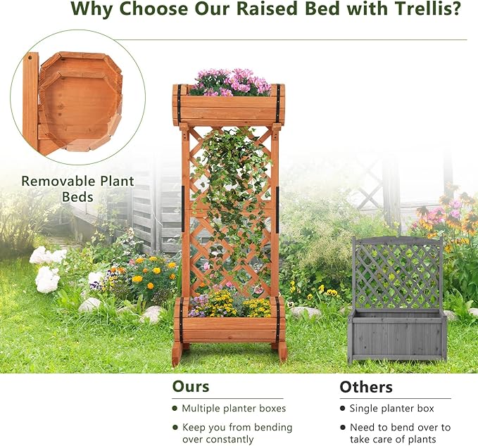 HAPPYGRILL Raised Garden Bed with Trellis Removable Planter Boxes with 2-Tier Round Planter Box &amp Lattice Trellis Vertical Wood Raised Flower Bed for Vine Climbing Plants (18 L x 14 W x 44.5