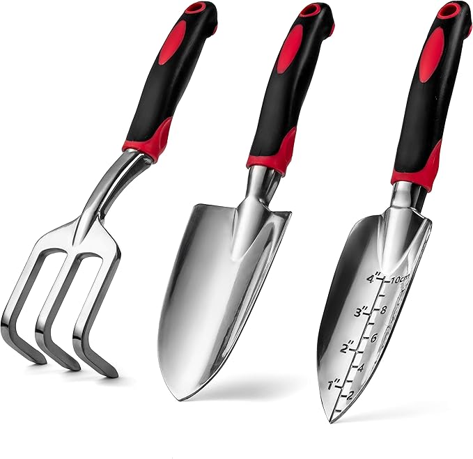 Hand Tools Set of 3 Heavy Duty Cast Aluminum Garden Tools with Ergonomic Handles Kit Includes 2 Trowels 1 Cultivator Hand Rake (3 Piece) Small Shovels for Gardening