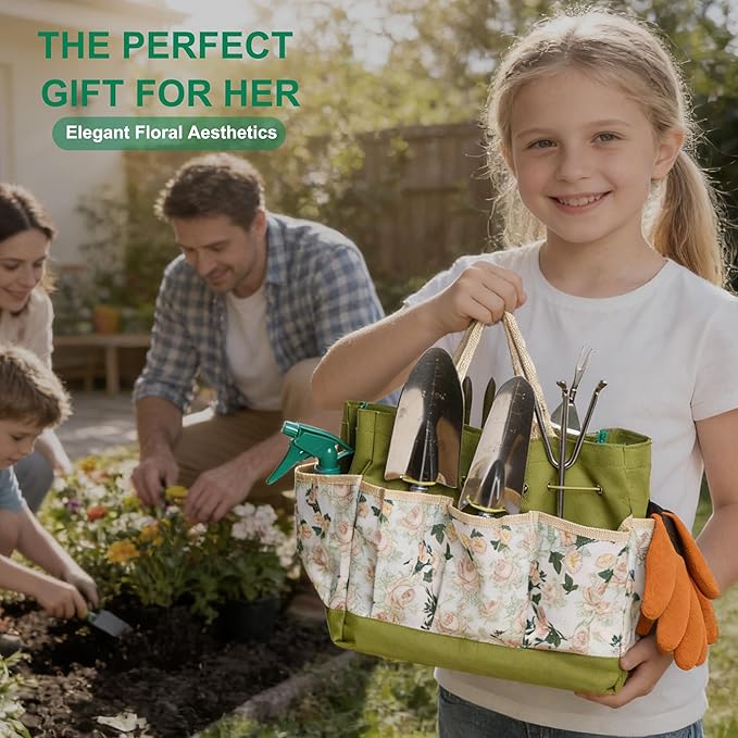 Garden Tool Set 9 Pcs Heavy Duty Stainless Steel Gardening Hand Tool Green Garden Tool Bag Kit Gardening Supplies Gifts for Women Men Mom Dad Gardener Beginner