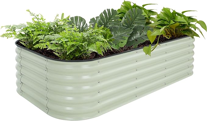 MUPATER 8ftx2ftx1.4ft Raised Garden Bed Outdoor for Vegetables 9-in-1 Galvanized Metal Planter Box 17''H Modular Garden Bed Kit Oval for Herbs and Flowers Pearl White