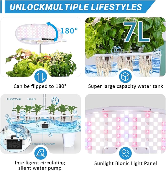 Aeroponic Tower Garden System 16 Holes Hydroponic Tower Hydroponics Tower with 24W Full Spectrum LED Grow Light 3 Light Modes for Home/Office/School White