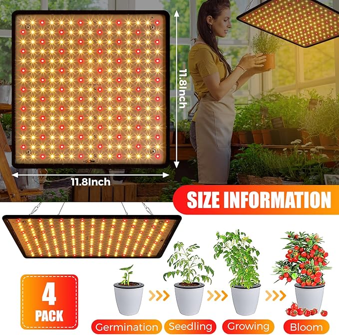 Liliful 4 Pcs Grow Lights Panel 200W Artificial Full Spectrum Grow Lamps with 225 LEDs for Indoor Outdoor Seedling Tent Flowe(Warm White Red)