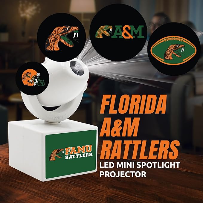 Sporticulture NCAA American Football Florida A&ampM Rattlers - Adjustable Led Mini Spotlight Projector with 6 Team Logo Designs - Portable &amp Rechargeable Spotlight - Battery-Operated - 4.375” x 3
