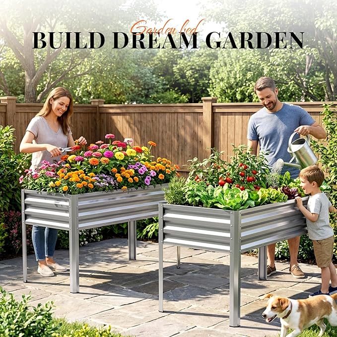 KING BIRD Large Raised Garden Bed with Legs Galvanized Elevated Planter Box 48×24×32 in for Backyard Patio Balcony 400lb Capacity Silver 2pcs