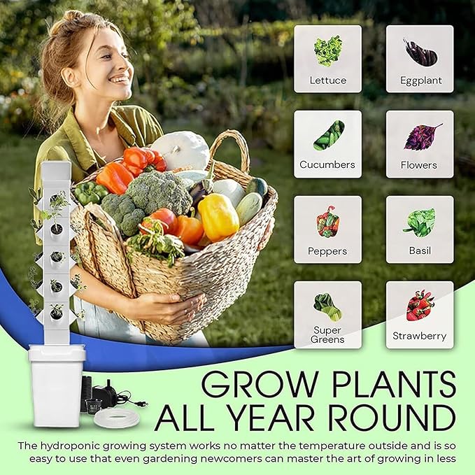 Hydroponics Growing System 24 Pods Vertical Hydroponic Tower with Smart Timer Net Pots Water Pump Adapter for Herbs Vegetables Flowers