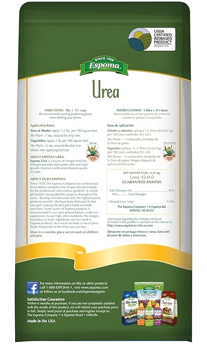 Espoma Urea Nitrogen Fertilizer 45-0-0 4lb. Bag Promotes Growth in All Flowering Plants Trees Shrubs and Vegetables. Granular for Easy Application. Pack of Two