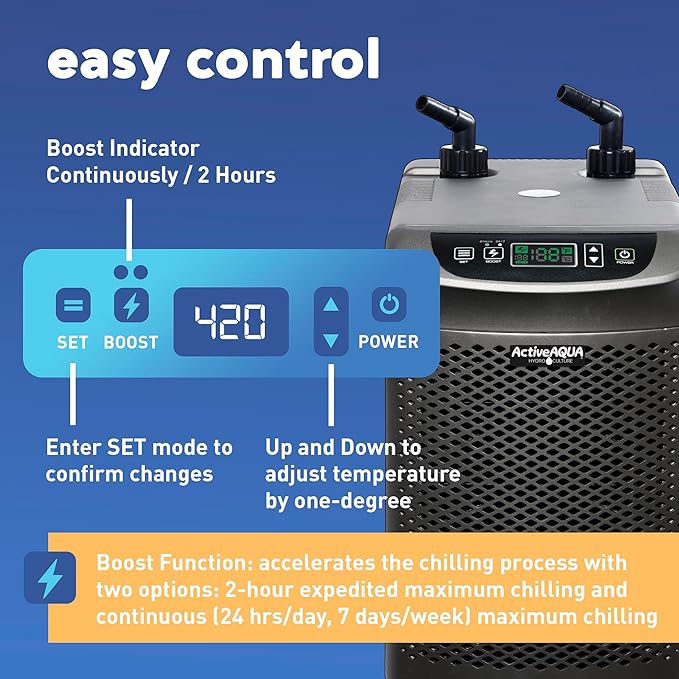 Active Aqua Hydroponic Water Chiller w/ Boost Function 0.25 HP - Adjustable Cooling System for 40-92 Gallon Reservoirs Pure Titanium Evaporator Cooler for Aquaponics Cold Plunge Baths &amp Aquariu