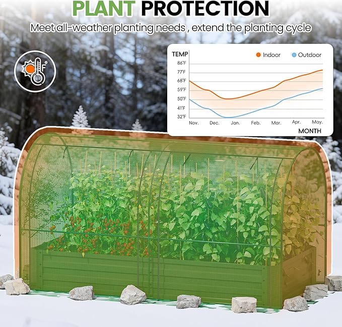 SPECILITE Raised Garden Bed with Mini Greenhouse Galvanized Metal Planter Box Kit with PE Cover 2 Roll-Up Doors for Ventilation Gardening Set for Outdoor Growing Vegetables Herbs Fruit &amp Flow