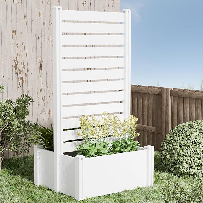 Casaphoria Raised Garden Bed with Trellis 71x35x24 Planter Box with Open Bottom for Gardening Vegetables &amp Vines and Climbing Plants White