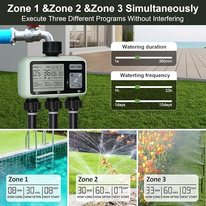 Watering Timer 3 Zone Sprinkler Timer Programmable Garden Outdoor Hose Faucet Timer with Rain Delay Auto &amp Manual Watering SystemWater Hose Irrigation Timers 3 Outlet for Garden