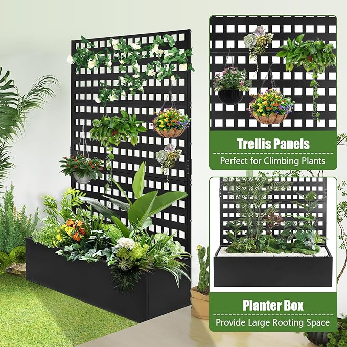 Metal Planter Box with Trellis 46''Lx18''Wx71''H Raised Garden Bed with Trellis for Climbing Plants with Privacy Screen Planter with Trellis &ampDrainage Holes Privacy Planters