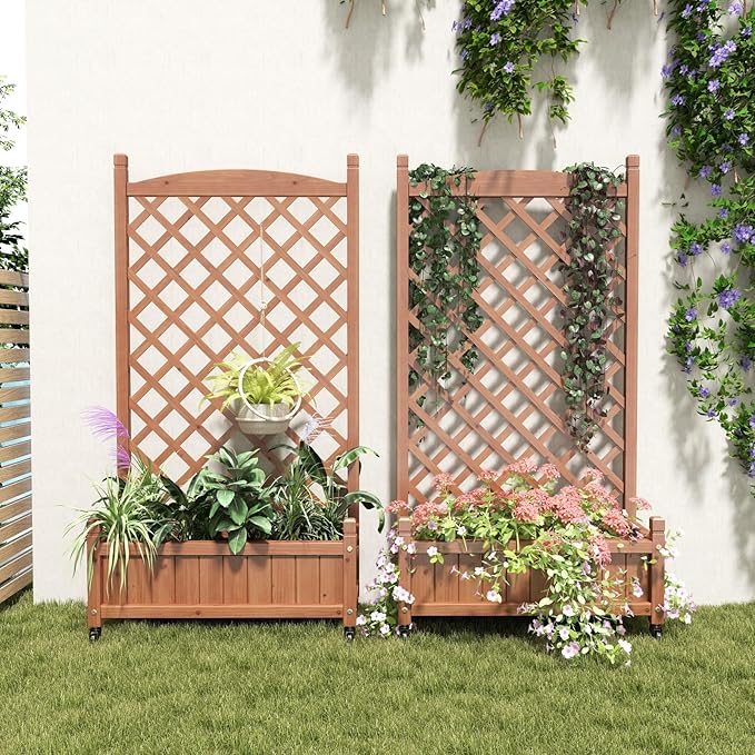 Donext 2-Pack Raised Garden Bed with Trellis 42.3 Inch Wood Planter Box with Wheels &amp Drainage Holes Portable Elevated Box for Climbing Plants(Brown)