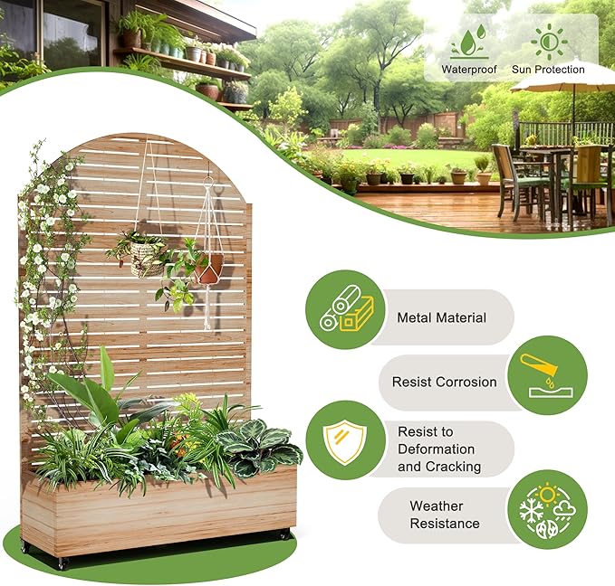 FENCY Metal Raised Garden Bed with Wheels and TrellisArched 73x47x16 Planter Box for Climbing Plants Vegetables &amp Vines Features Privacy Screen and Drainage Holes (Acacia Wood Finish)
