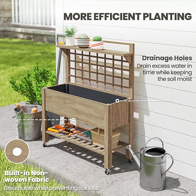 Outsunny 41 Raised Garden Bed with Trellis on Wheels Wooden Elevated Planter Box with Legs and Bed Liner for Flowers Herbs &amp Vegetables Dark Brown
