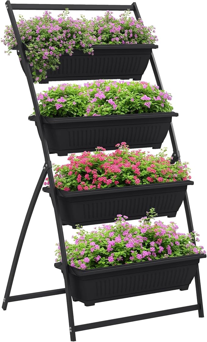 Outsunny Raised Garden Bed 4 Tier Vertical Garden Planter Set 4 Outdoor Planter Boxes with Stand Self Draining Design Elevated Garden for Vegetable Flowers &amp Herbs Black
