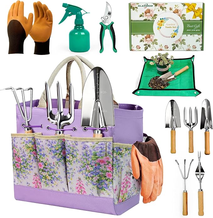Garden Tool Set 10 PCS Gardening Essentials Stainless Steel Garden Hand Tools with Tote Bag Well-Designed Gardening Supplies Kit Gifts for Women Men Gardeners