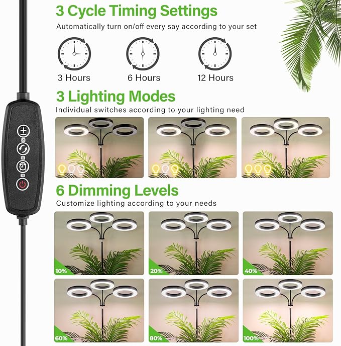 LORDEM Grow Light for Indoor Plants 7.9 Diameter Tri-Head Plant Light for Plants Growing Full Spectrum Growth Lamp with Auto Timer 3/6/12H 4 Dimmable Levels 3 Lighting Modes Adjustable Stand