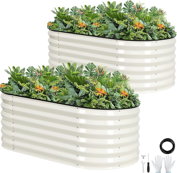 Galvanized Raised Garden Bed Outdoor |17'' Tall Planter Box Outdoor for Deep Root Plants | 2Pcs Raised Bed Kit for Gardening with Rubber Strip for Vegetables Flowers Fruits (White 4x2x1.4FT)