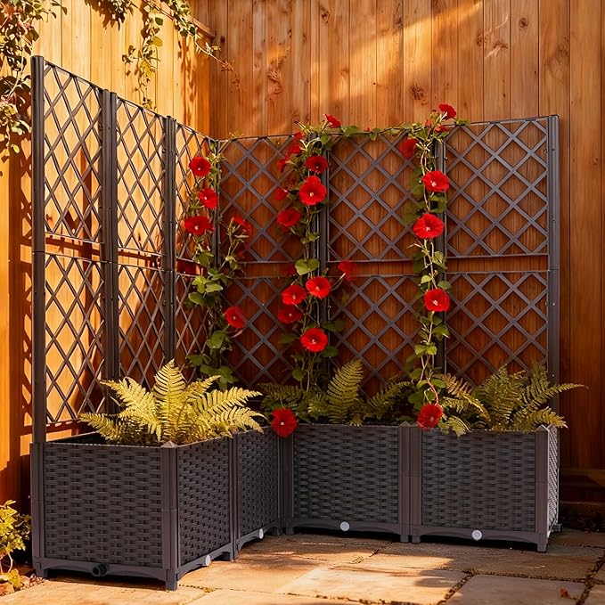 5 Pcs Plastic Plant Box with Metal TrellisRaised Garden Bed with Trellis for Climbing PlantPlanter Box for Backyard Patio Balcony(47.24 * 47.24 * 55.91inBrown)