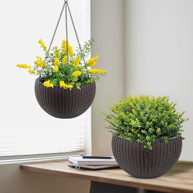 13.4 inch Self Watering Hanging Rattan Planter Large Capacity Root Rot Resistant Water Storage with Water Level Indicator Dual Use for Indoor Balcony Decoration (Pack of 2 Brown)