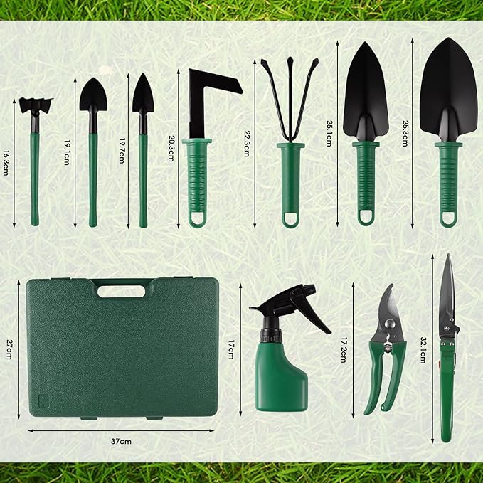 11 Pcs Garden Tools Set with Gloves Heavy Duty Trowel Rake Weeder Pruner Shears Sprayer with Ergonomic Handle Garden Hand Tools with Carrying Case Gardening Gifts for Women Men Green