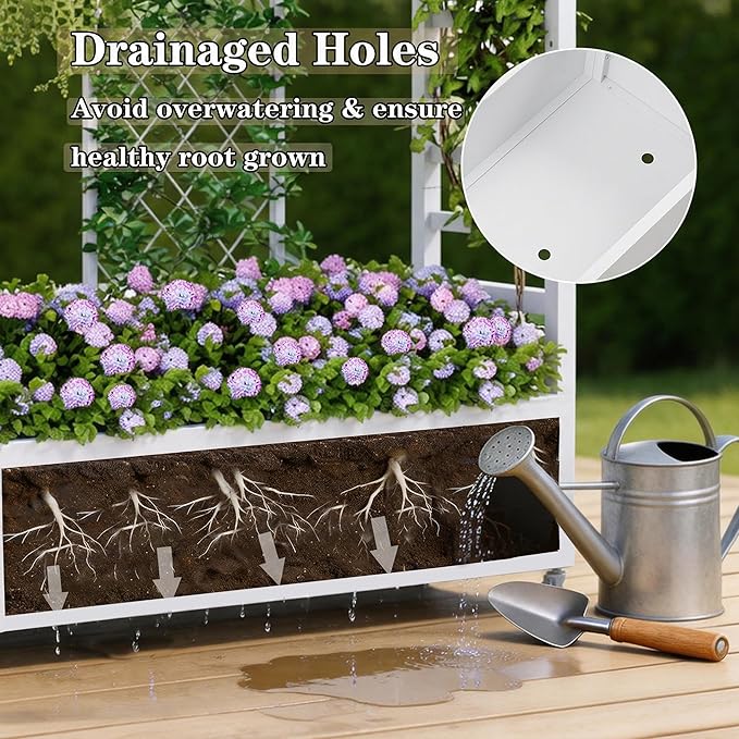 74 Mobile Planter with TrellisWeatherproof Vertical Raise Garden Bed with Trellis &amp Hanging Roof for Climbing PlantsFlowersVegetablesRust-Proof Metal Privacy Planter for Patio (White-A)