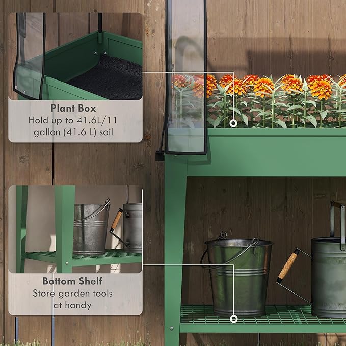 Outsunny Raised Garden Bed with Greenhouse Cover Large Metal Outdoor Elevated Planter Box with Lockable Wheels Storage Shelf and Drainage Hole for Vegetables Flowers Herbs Green