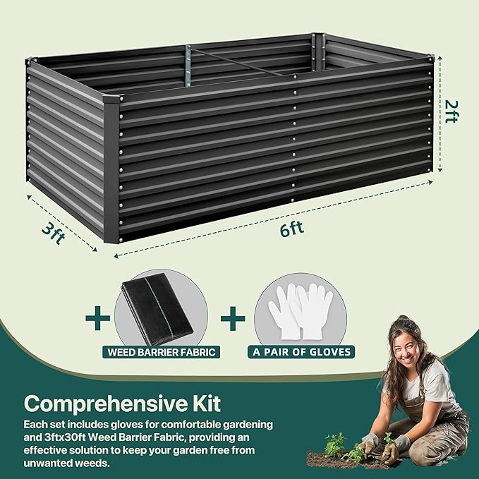 Raised Garden Bed 6x3x2ft Galvanized Raised Garden Beds Outdoor for Vegetables Flowers Herbs Steel Large Deep Planter Box Tall Raised Garden Bed with 3ftx30ft Weed Barrier Fabric and Glove Black