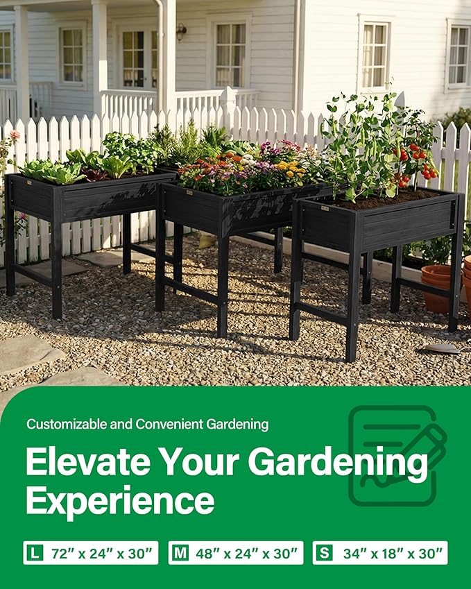 YEFU HIPS Raised Garden Bed: 48x24x30in Black Raised Garden Beds Outdoor with Drainage &amp Legs - Planter Boxes Outdoor for Herb Vegetable Plant Gardening on Patio Deck for Suburban Homeowners