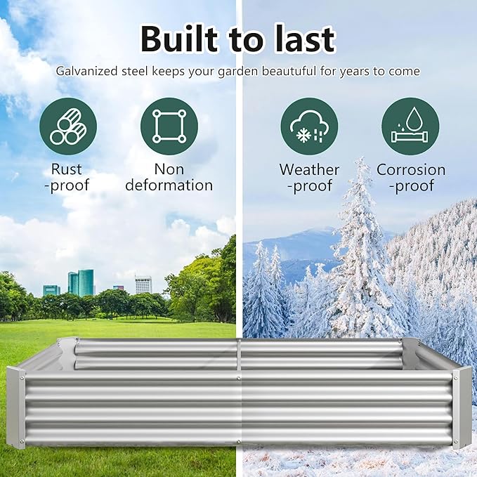 Raised Garden Beds Outdoor for Gardening 6×3×1ft Galvanized Rectangular Plastic Raised Planter Garden Box for Fruit Vegetables Herbs Flowers Growing Bed for Lawn Patio Balcony Silver
