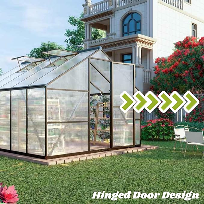 8x10 FT Greenhouse for Outdoors Polycarbonate Greenhouse with Quick Setup Structure and Roof Vent Aluminum Large Walk-in Green House for Outside Garden Backyard Charcoal Black
