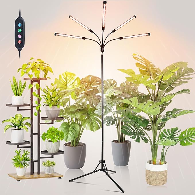 FECiDA 2026 5Head Grow Lights with Upgraded Stand Standing Grow Lights for Indoor Tall Plants Bonsai Tree 4/8/12/16/20 Hr Timer 45 Watt Power Draw NO Need Adapter 24-72 Height Adjustable