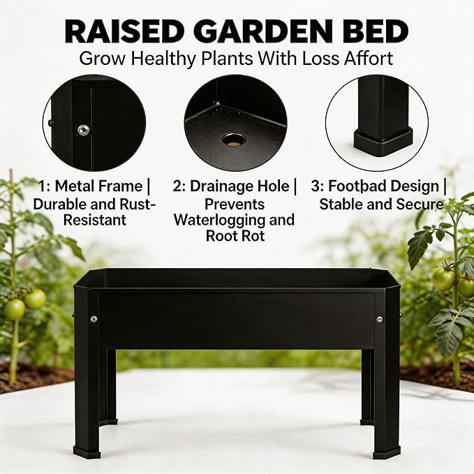 Raised Garden Bed with Legs 24×10.8×18 in Metal Elevated Raised Planter Box with Drainage Holes for Backyard Patio Balcony 80 lb Capacity - Black