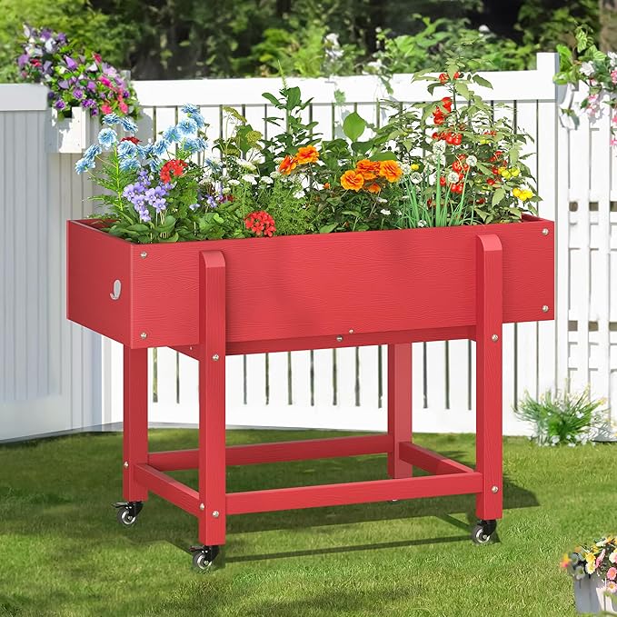 LUE BONA Raised Garden Bed with Wheels 39.4 * 16.7 * 28 in Poly Elevated Outdoor Planter Box with Tools Weather Resistant Standing Growing Bed Herb Planter for Vegetable Flowers Fruits
