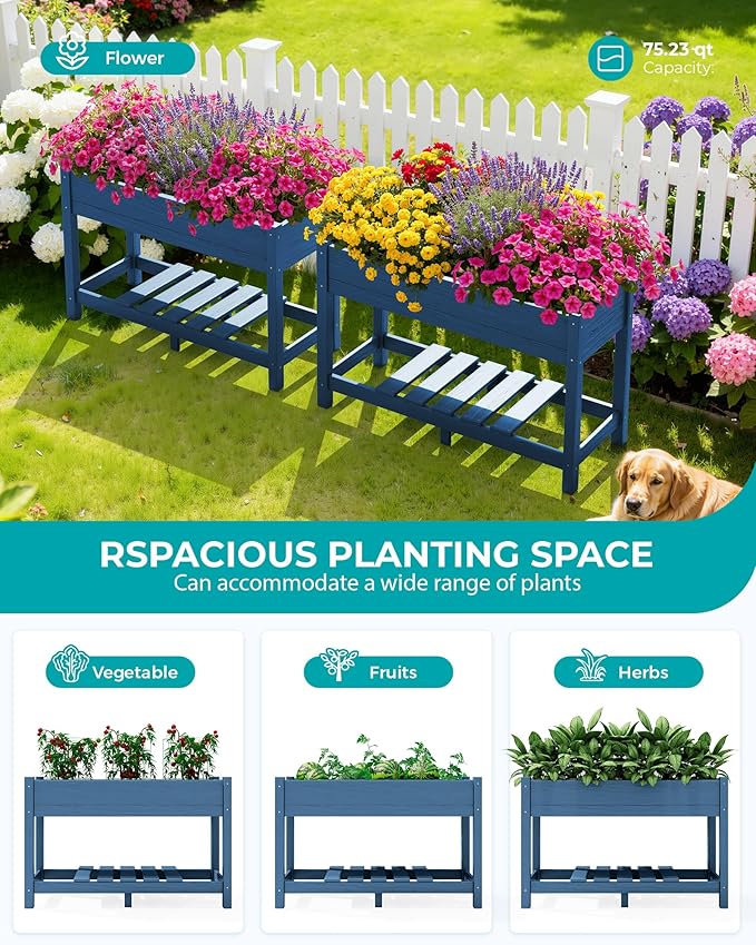 SERWALL Raised Garden Bed with Legs Set of 2 43×17×30 Large HDPE Elevated Planter Box for Vegetables Flower Herb Patio All Weather Use- Blue