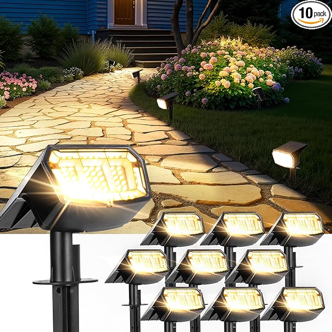 Solar Spot Lights Outdoor IP67 Waterproof 10 Pack 63 LED 3 Modes Solar Landscape Spotlights for Yard Garden Pathway Wall House Garage (Warm White)