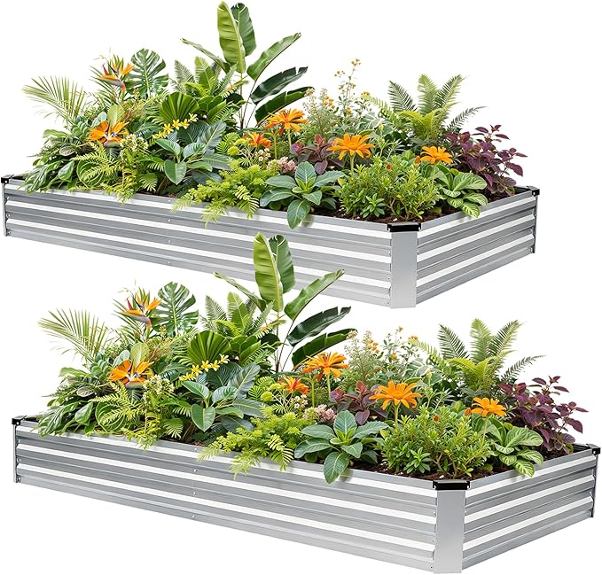 G GOOD GAIN 8x4x1ft Galvanized Raised Garden Bed Heavy-Duty Metal Planter Boxes Outdoor for Vegetables Flowers Herbs Silver(2 Pack)