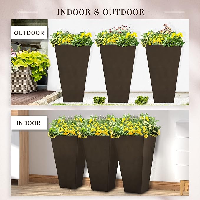 Set of 3 Tall with Drainage Hole 28 Outdoor Flower Pots Indoor for Porch Patio and Deck Brown