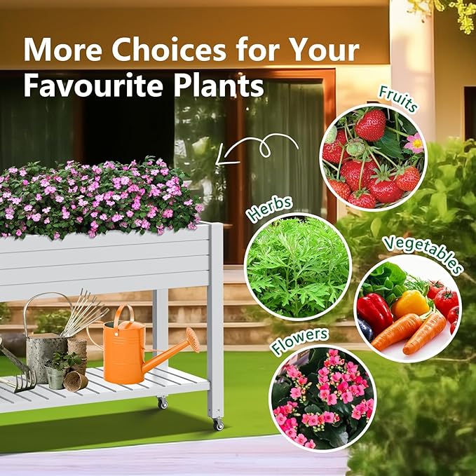 Mobile Raised Garden Bed with Lower Storage Shelf &amp Lockable Wheels Elevated Planter Box with Drainage Durable Eco-Friendly Material for Patio Balcony Yard (Ashen43.31*17.72*33.66)