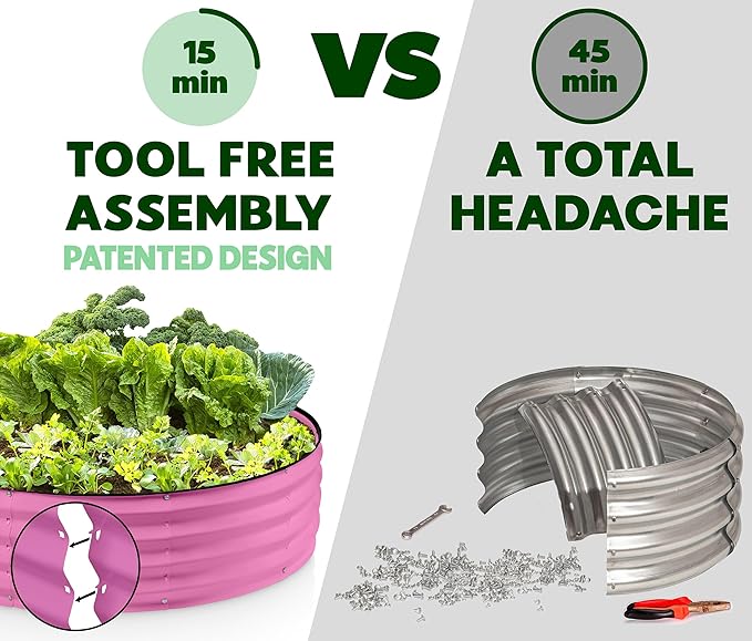 Round Galvanized Raised Garden Bed // 4×4×1 ft Galvanized Raised Garden Beds Outdoor for Gardening Vegetables Flowers // Patented Tool-Free Design Round Planter (Pink)