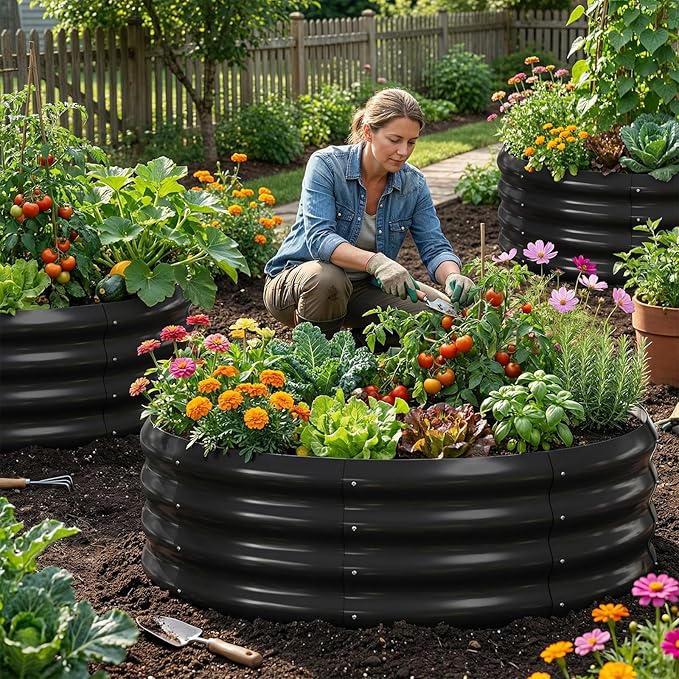 DoCred 3 Pack 3x3x1Ft Round Galvanized Raised Garden Bed Metal Garden Bed Outdoor Kit for Gardening Above Ground Planter Box for Plants Vegetables Herbs Flowers Black