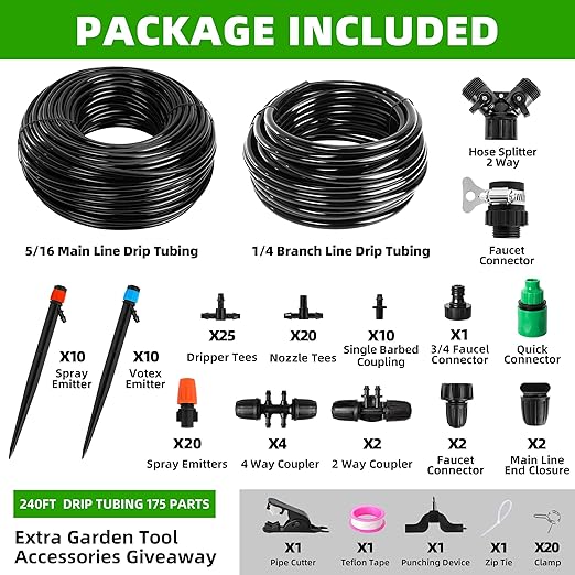 240FT DIY Automatic Drip Irrigation System Kits for Garden Plant Watering Misting System for Greenhouse Patio Lawn with Adjustable Drip Emitters 5/16 and 1/4 Irrigation Tubing Connectors Fittings